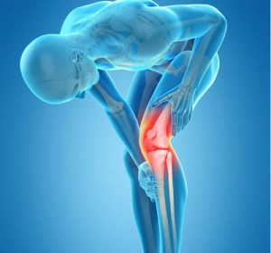 Render of man holding knee that is in pain.