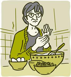 Illustration of senior rubbing aching hand joints while cooking.