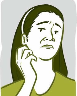Illustration of a woman scratching her throat. 