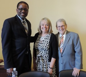NIAMS Director Stephen I. Katz, M.D., Ph.D. (right), with Carolyn Levering, President and CEO of the Marfan Foundation, and Gary Gibbons, M.D., Director, National Heart, Lung and Blood Institute, pause for a picture at a Congressional briefing.