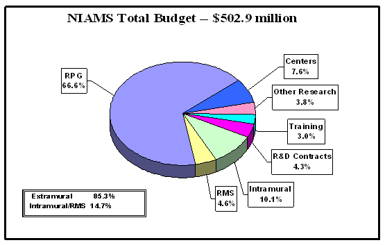 Pie chart showing NIAMS budget. NIAMS total budget is $502.9 million. Extramural spending is 85.3%. Intramural and Research management and support spending is 14.7%. Research management and support, 4.6%. Intramural research, 10.1%. R and D contracts, 4.3%. Research training, 3.0%. Other research, 3.8%. Research centers, 7.6%. Research project grants, 66.6%.