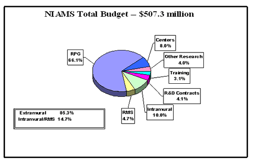 Pie chart showing NIAMS budget. NIAMS total budget is $507.3 million. Extramural spending is 85.3%. Intramural and Research management and support spending is 14.7%. Research management and support, 4.7%. Intramural research, 10.0%. R and D contracts, 4.1%. Training, 3.1%. Other research, 4.0%. Centers, 8.0%. Research project grants, 66.1%.
