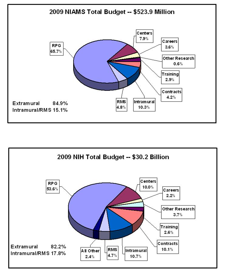 Top pie chart shows NIAMS' budget and bottom pie chart shows N.I.H's 2009 budget. NIAMS total budget is $523.9 million. Extramural spending is 84.9%. Intramural and Research management and support spending is 15.1%. Research management and support, 4.8%. Intramural research, 10.3%. Contracts, 4.2%. Training, 2.9%. Other research, 0.6%. Careers, 3.6%. Centers, 7.9%. Research project grants (RPGs), 65.7%. N.I.H's total budget is $30.2 billion. Extramural spending is 82.2%. Intramural and Research management and support spending is 17.8%. All Other, 2.4%. Research management and support, 4.7%. Intramural research, 10.7%. Contracts, 10.1%. Training, 2.6%. Other research, 3.7%. Careers, 2.2%. Centers, 10.0%. Research project grants (R.P.Gs, 53.6%.