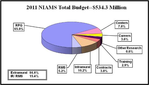 Top pie chart shows NIAMS' budget. NIAMS total budget is $534.3 Million. Extramural spending is 84.6%. Intramural and Research management and support spending is 15.4%. Research management and support, 5.2%. Intramural research, 10.2%. Contracts, 3.8%. Training, 2.9%. Other research, 0.6%. Careers, 3.6%. Centers, 7.8%. Research project grants (RPGs), 65.9%.