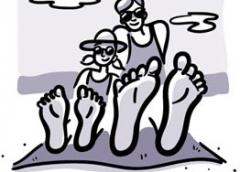 Illustration of a girl and dad sitting at the beach with their bare feet in the foreground.
