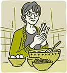 Graphic of a woman elder is touching her hand in the kitchen. She feels pain on her hand.