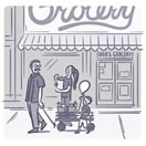 Illustration of family walking in front of a grocery store