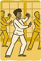 An illustration of people doing tai chi and smiling.