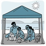 graphic illustration of family playing in the sand under a tent